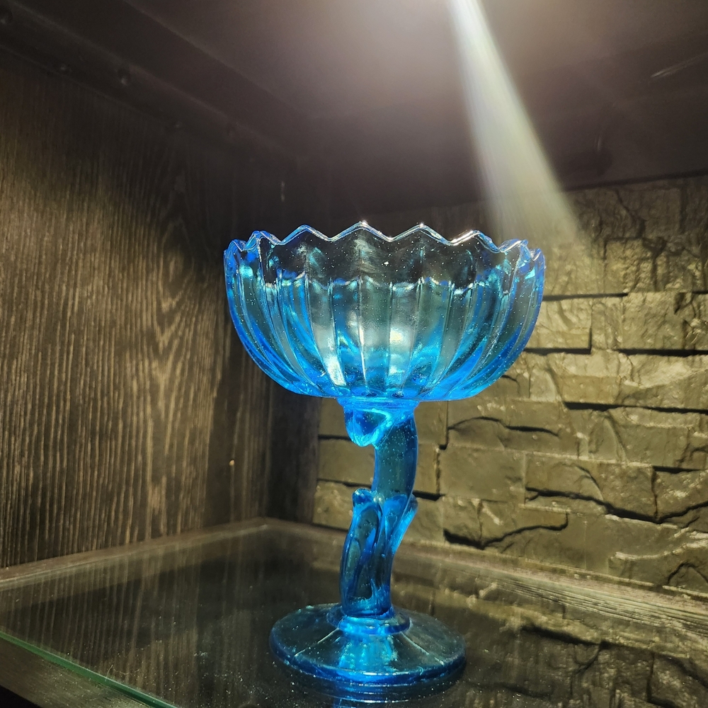 Indiana Glass Aqua Blue Footed Lotus Compote / Candy Dish - Picture 15 of 16